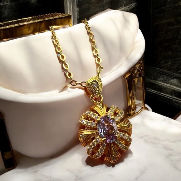 LAVENDER GOLD CZ VICTORIAN STYLE PENDANT NECKLACE - Picture 3 of 5